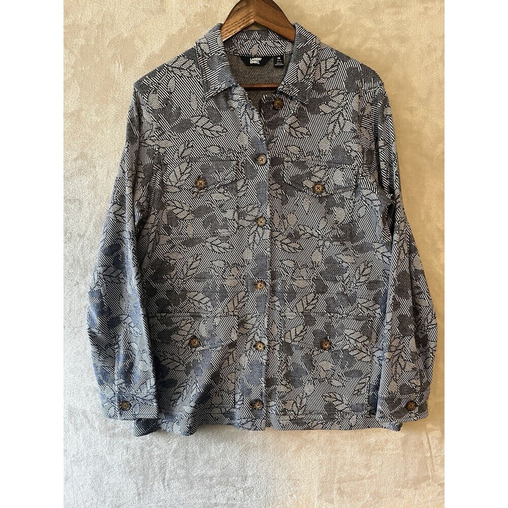 Lands End Shacket Women's M 10-12 Blue Floral Button Up Medium Weight